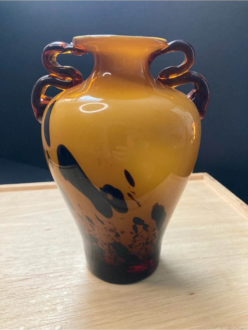 Amber Glass Vase with Dark Accent Handles